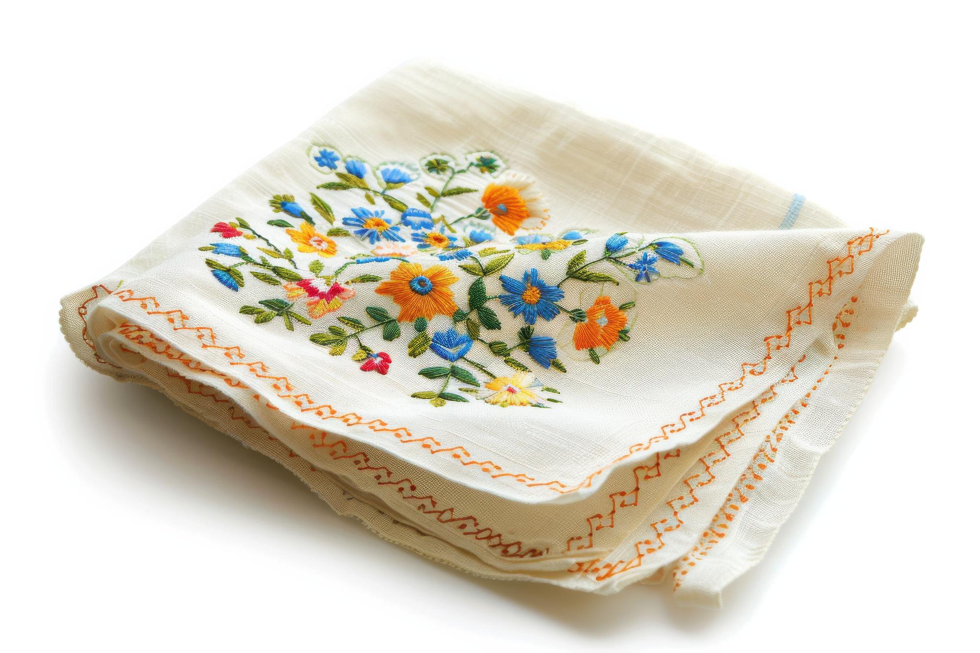 Embroidered linen napkin with floral motif