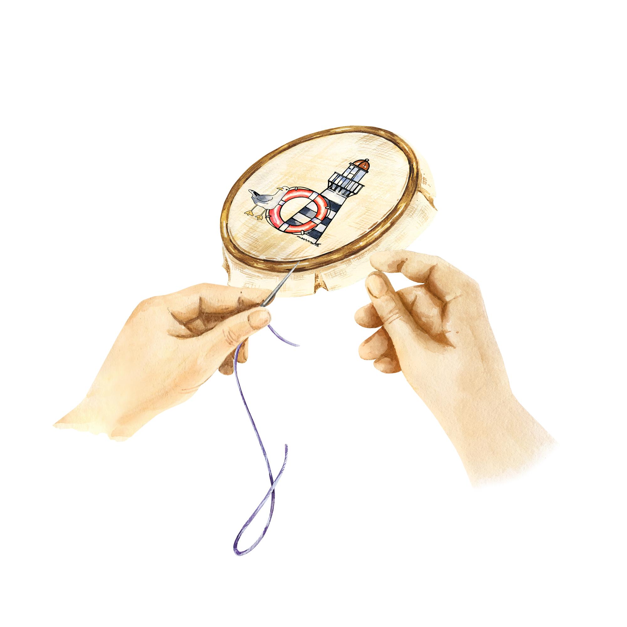 Craftsman stitching colorful thread on hoop